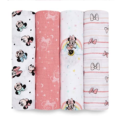 Aden by aden   anais Swaddle Blanket, Muslin Blankets for Girls & Boys, Baby Receiving Swaddles, Ideal Newborn Gifts, Unisex Infant Shower Items, Wearable Swaddling Set, 4 Pk, Minnie Mouse Rainbows