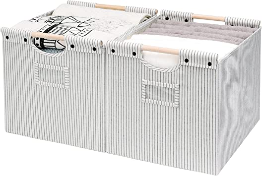 StorageWorks Closet Baskets, Decorative Storage Bins for Shelf, Collapsible Fabric Baskets with Wooden Handles, Gray and White Stripes, Jumbo, 2 Pack