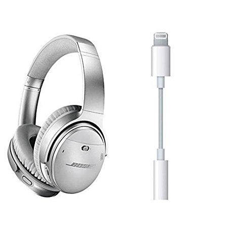 Bose QuietComfort 35 Wireless Headphones II with Microphone, Noise Cancelling, Silver - With Apple Lightning to 3.5mm Headphone Jack Adapter