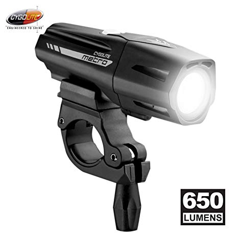 Cygolite Metro Plus– 650 Lumen Bike Light– 4 Night & 3 Daytime Modes– Compact & Durable – IP67 Waterproof– Secured Hard Mount– USB Rechargeable Headlight– for Road, Mountain, Commuter Bicycles