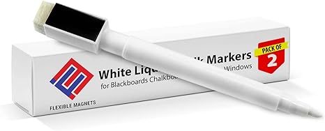 White Liquid Chalk Markers for Blackboards Chalkboard Signs, Glass, Windows - Marker With Eraser & Magnet on back. Chalkboard Markers - Pack of 2