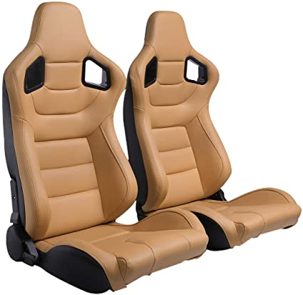 2PCS Universal PVC Leather Racing Seats, Reclinable Bucket Seat Come with Two Adjustable Slider, Mounting Brackets are NOT Include (Black & Beige/Tan Brown)