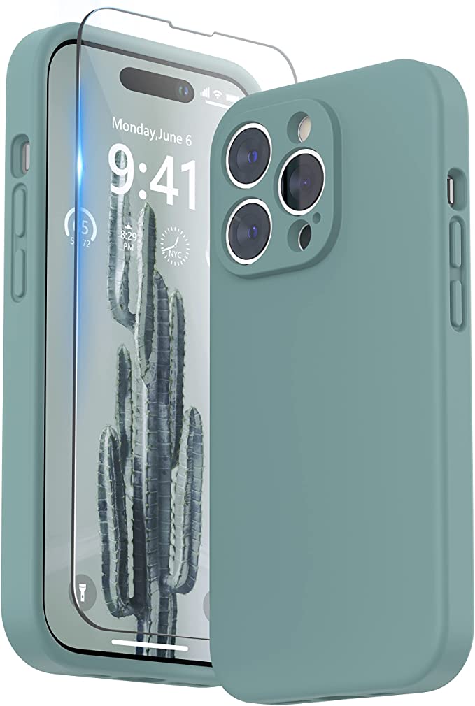 SURPHY Designed for iPhone 14 Pro Case with Camera Protection (6.1 inch, 2022 Release), Liquid Silicone Phone Case with Soft Microfiber Lining (Cactus Green)
