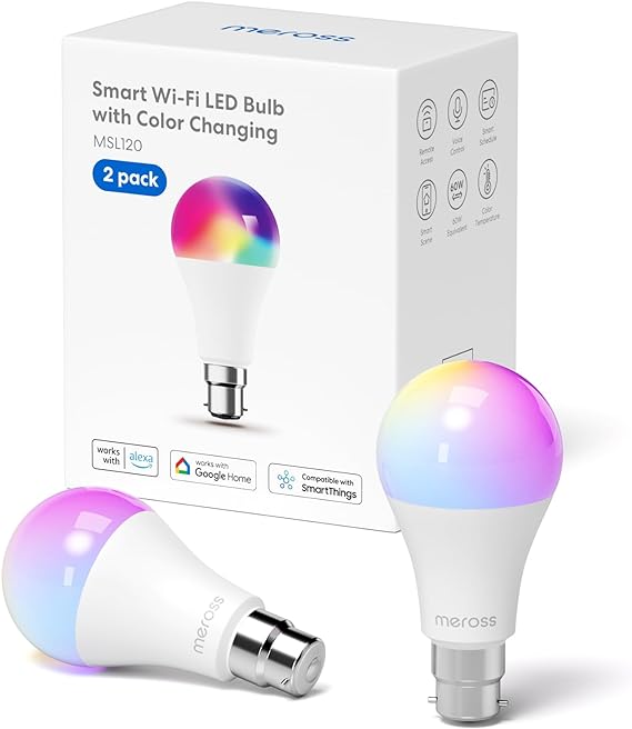 meross Smart Bulb Alexa Light Bulb WiFi Bulbs B22 Compatible with Alexa, Google Home, SmartThings Dimmable RGBWW 9W(60W Equivalent), 2 Pack