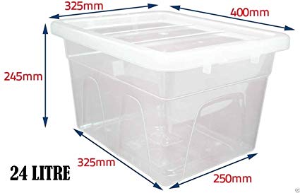 Set of 5 Crystal Clear Plastic Storage Box Boxes With Lids UK BRITISH MADE Home Office Stackable (24 LITRE)