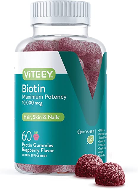 Biotin Gummies 10,000mcg - Highest Potency Vitamin B7 & H for Healthy Hair Growth, Skin & Nails - Dietary Supplement, Vegan, Pectin Gummy - for Adults Teens & Kids -Raspberry Flavor [60 Count-1 Pack]