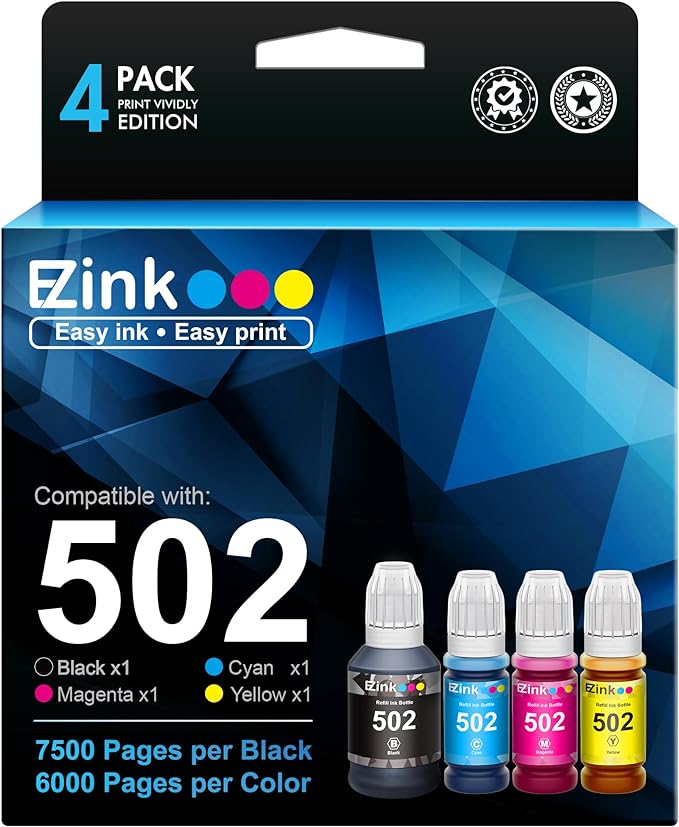 E-Z Ink (TM) Compatible Ink Bottle Replacement for Epson 502 T502 High Yield to use with ET-2760,ET-3710,ET-2750,ET-3700,ET-4760,ET-3750,ET-3760,ET-2700 Printer(Black, Cyan, Magenta, Yellow, 4 Pack