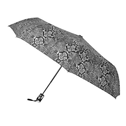 BEBE One Touch Auto Open/Close Windproof Reinforced Canopy Umbrella | Fashion-Forward and Trendy Printed Metallic Umbrella (Black/White Snakeskin)