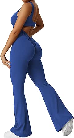 YEOREO Women Workout Scrunch Flare Jumpsuits Sexy Backless Butt Lift Gym Yoga Jumpsuits