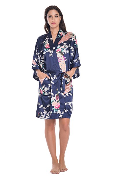 KimonoDeals Women's Soft Kimono Robe,with Pockets- Peacock & Blossom,Short