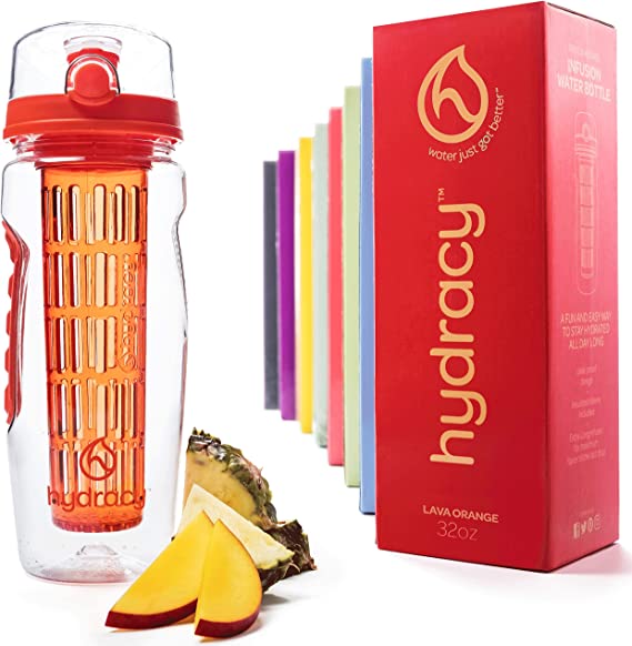 Hydracy Fruit Infuser Water Bottle - 1Litre Sport Bottle - Time Marker & Full Length Infusion Rod  27 Fruit Infused Water Recipes eBook Gift -Your Healthy Hydration Made Easy - Lava Orange