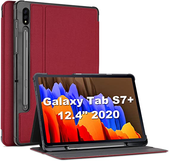 ProCase Shockproof Case for Galaxy Tab S7 Plus (SM-T970/T975/T976, 12.4 inch, 2020 Release), Lightweight Slim Protective Business Folio Cover with Pen Holder -Red