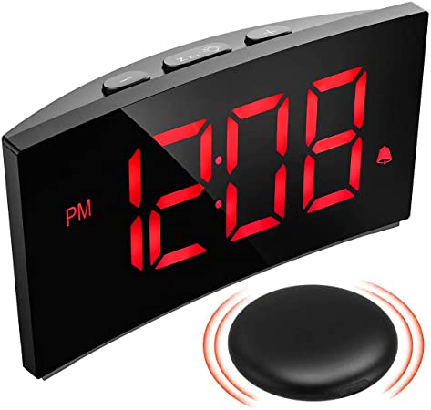 PICTEK Wireless Bed Shaker Alarm Clock for Heavy Sleepers, Shaking or Sound Mode, 3 Alarm Sound, Clear Red Display with 6 Dimmer, Digital Alarm Clock for Bedrooms for Kids Deaf Hard of Hearing