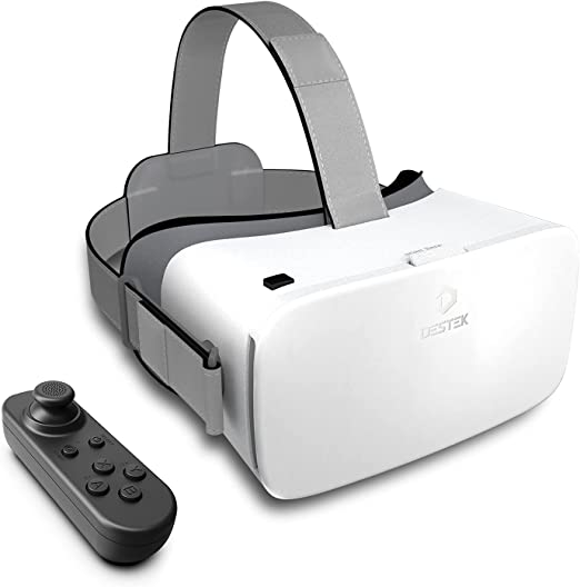 DESTEK V5 VR Headset, 110°FOV Virtual Reality Goggles for iPhone 13/12/11 | Bluetooth Controller for Android & Samsung A71/A50/S20 FE/S10, 3D Glasses for Phone w/4.7-6.8in(White)