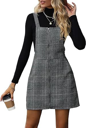 Milumia Women's Casual Plaid Zip Up Straight Mini Pinafore Overall Dress with Pocket