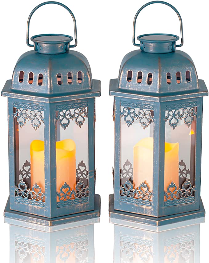 SteadyDoggie Solar Lanterns 2 Pack Blue - Hanging Solar Lights with Flickering Candle LED - Retro Ornate Hanging Solar Lantern with Handle