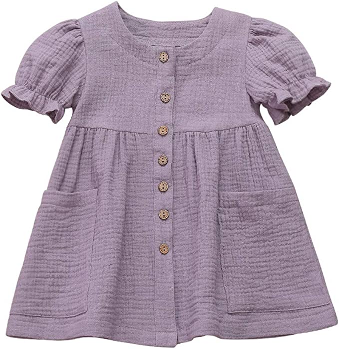 FORESTIME Girls Cute Dress Toddler Kids Baby Solid Linen Ruffled Princess Casual Dress Clothes,Kids Holiday Dresses