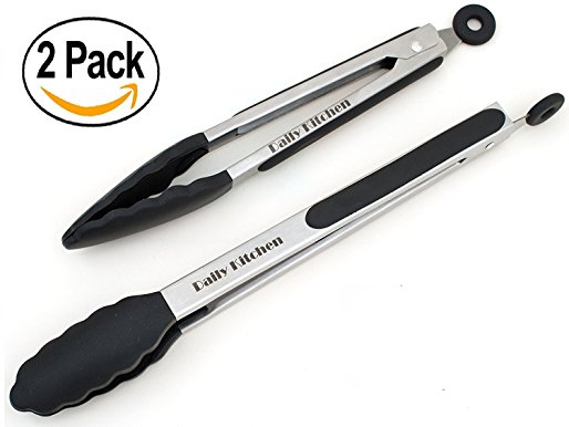 Daily Kitchen Tongs Set - Stainless Steel Tongs for Cooking - Salad Tongs with Silicone Tips (Black)