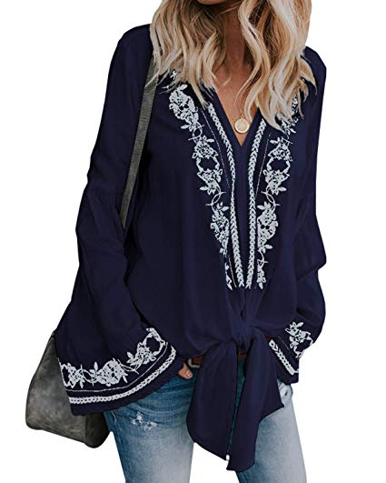 CNFIO Women Embroidered Tops Shirts Boho Floral Print Long Sleeve Tunic Shirt Loose Blouses