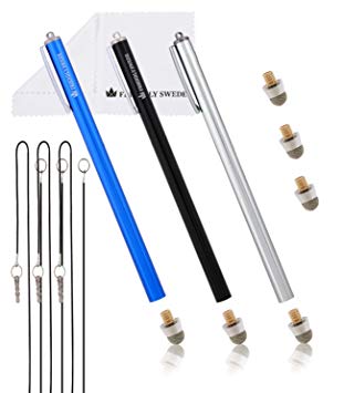 The Friendly Swede Extra Long Replaceable Fiber Tip Stylus 7.3" - 3 Premium XXL Micro-Knit Capacitive Stylus Pens   Elastic Tether Lanyards & Spare Tips (Silver   Black   Blue)