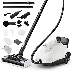 COSTWAY Multi-Purpose Steam Cleaner, Portable Steamer with Trigger Lock, Wheels & 61 OZ Water Tank, 1800W Steam Cleaning Machine for Upholstery, Car, Floor, Grout & Tile, 15 Accessories Included