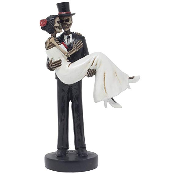 Spooky Skeleton Newlyweds with Groom Carrying Bride Across The Threshold Statuette for Wedding Cake Topper, Halloween Party Decoration or Scary Gothic Décor Figurines As Wedding Gifts for Couples