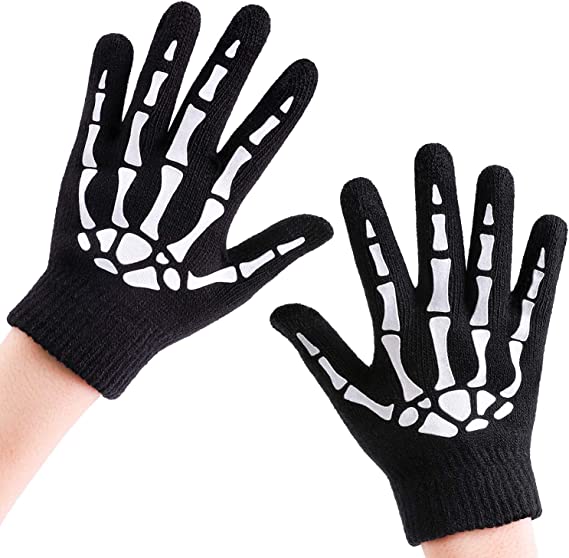 Cooraby 3 Pairs Kids Skeleton Touchscreen Gloves Halloween Glow in The Dark Full Finger Skull Bone Gloves