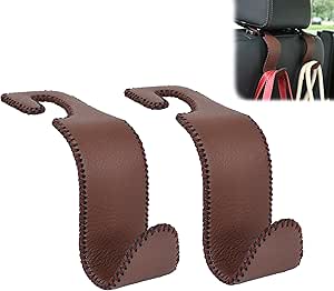 Amooca Car Seat Headrest Hook Universal Vehicle Storage Hanger Leather with Metal Car Seat Back Organizer for Handbag Purse Coat Brown 2 Pack