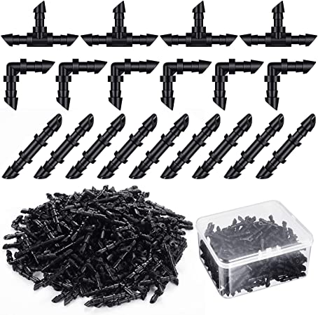 Zonon 240 Pieces Drip Irrigation Fittings Kit for 1/4 Inch Tubing, 80 Barbed Couplings, 80 Tee Fittings, 80 Elbows, Barbed Connectors with Plastic Box for Garden Lawn Drip or Sprinkler Systems, Black