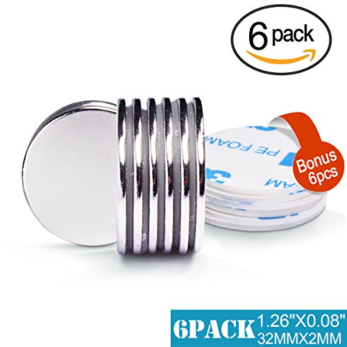 FEYG Rare Earth Magnets, 6Pcs Extra Strength Neodymium Disc Magnet with Adhesive Backing For DIY & Fridge Magnet - 1.26”D x 1/12”H