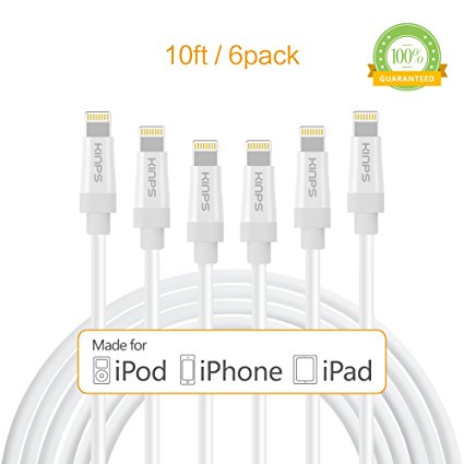 Apple MFI Certified Lightning Cable [6 Pack]- Kinps 10ft/3m Extra Long 8 pin Lightning Sync and Charge Cable with Compact Connector Head for iPhone, iPod and iPad (10FT-White-6pack)