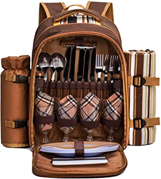 APOLLO WALKER Picnic Backpack (Brown for 4 with Wine Glasses)