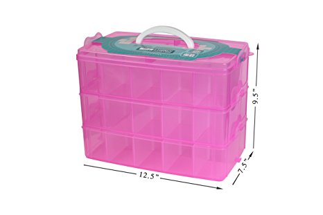 Bins & Things Stackable Storage Container for Shopkins Littlest Pet Shop Rainbow Loom Beads Disney Tsum Tsum Figures and Arts & Crafts Accessories with 30 Adjustable Compartments, Pink, X-Large
