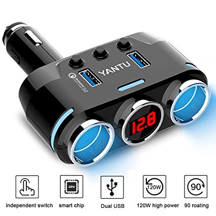 LeeKooLuu 2-Socket Car Cigarette Lighter Adapter, 12V/24V DC Power Outlet Cigarette Lighter Splitter with Dual USB Car Charger 3.0, LED Voltage Display, On/Off Switch Built-in Safety Fuse