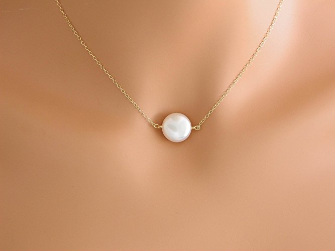 Dainty GOLD Coin Pearl Necklace - Idea Gift for Bridesmaid , Mother's Necklace, Wedding Bridesmaid Jewelry, Simple Jewelry
