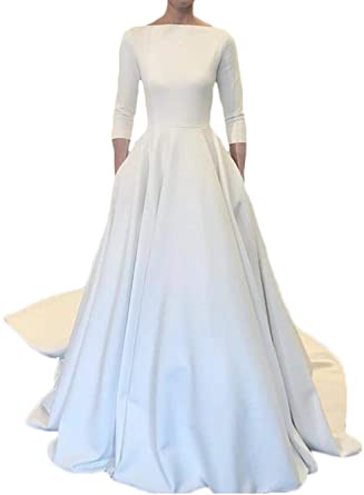alilith.Z Elegant Boat Neck Satin Wedding Dresses for Bride 2019 Long Train 3/4 Sleeves Wedding Gowns for Women with Pockets