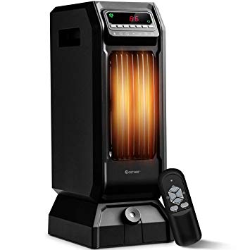 COSTWAY Electric Space Heater, Portable Infrared Quartz Heater, Digital Ceramic Heater with Remote, Digital Thermostat, 12H Timer, 1500 or 750 Watt Quiet and Fast Heating for Home and Office