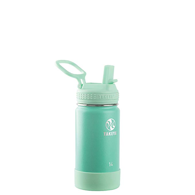 Takeya 51138 Kids Actives Stainless Steel Insulated Water Bottle with Straw Lid, 14 oz, Seafoam