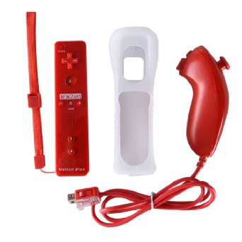 FastSnail Nunchuck Motion Plus and Remote Controller Set for Nintendo Wii & Wii U & Mini Wii with Silicon Case Red