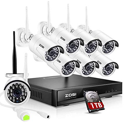 ZOSI 1080P 8CH Wireless Security Cameras System 2.0MP H.264  NVR 1TB Hard Drive with 8 Full HD 1080P Bullet IP Cameras 65ft Night Vision, Smart Recording, Motion Detection