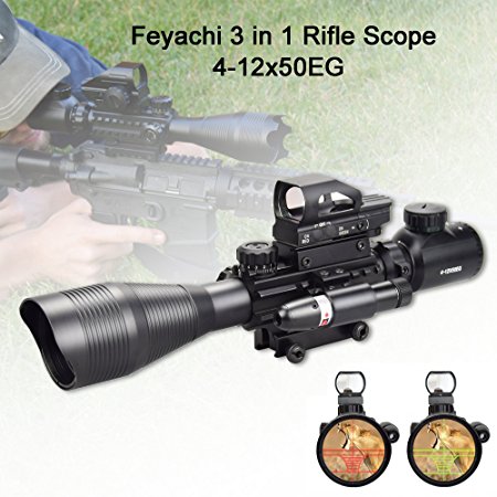 Feyachi 3 in 1 Riflescopes 4-12X50EG with Dual Illuminated Reticle   4 Red&Green Holographic Dot Sight   Red laser sight