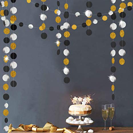 Gold Back Circle Dots Garland streamers for Party Decorations Glitter Black Hanging Bunting Banner Backdrop Decoration for Birthday/Wedding/New Year/Graduation Party Supplies