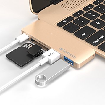 Verbatim Aluminum USB-C Multi-Port Hub Adapter with Power Delivery for MacBook 12-inch,Type-C Charging Port,USB 3.0 x 2,microSD/SD Card Reader(Gold)