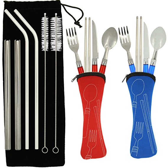 Reusable Tableware Set with Stainless Steel Straws, TIMGOU 2 Flatware Sets with Carry Case, Knife, Fork, Spoon, Chopsticks, and 4 Metal Drinking Straws with Brush for 20oz 30oz Tumbler