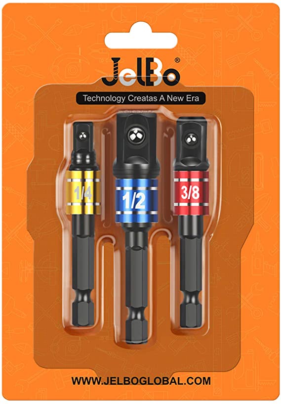 Jelbo Impact Driver Socket Adapter, 1/4" CR-V Hex Shank Square Driver, Drill Socket Adapter Set for Power Drill and Electric Screwdriver (3PCS: 1/4", 3/8", 1/2")
