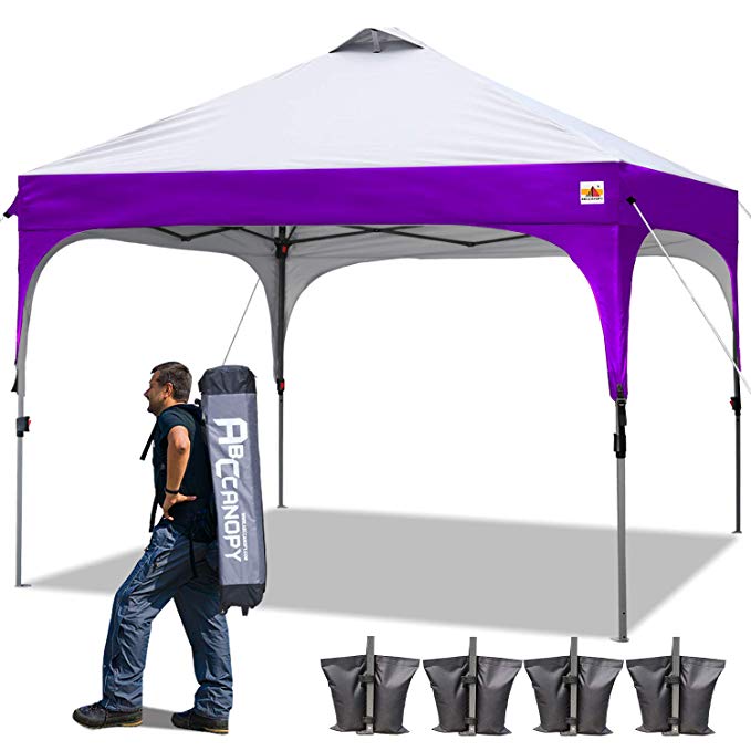 ABCCANOPY Pop Up Canopy Tent Commercial Canopy 10' x 10' Better Air Circulation Canopy Tents with Wheeled Carry Bag 4 x Sandbags, 4 x Ropes& 4 x Stakes, Gray with Purple