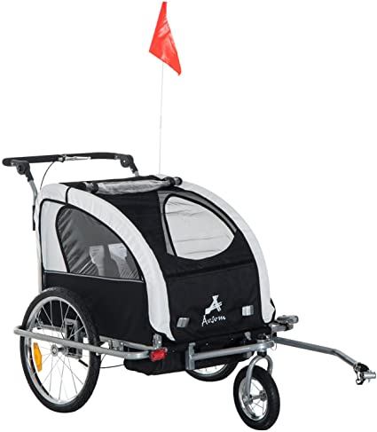 Aosom 3in1 Double Child Baby Bike Trailer and Stroller - Black & White