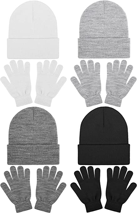 Cooraby 8 Pack Winter Knitted Cuff Beanies Magic Gloves Set Acrylic Warm Skull Cap Cuff Hat Classic Gloves for Men or Women