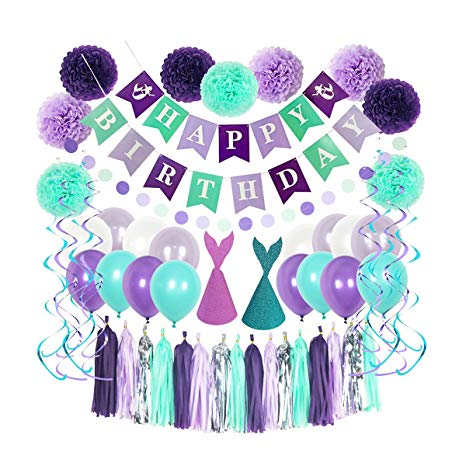 Litaus Mermaid Birthday Decorations, Happy Birthday Mermaid Banner, Party Balloons, Tassels, Hanging Swirl,Party Packs for Mermaid Birthday Party Supplies