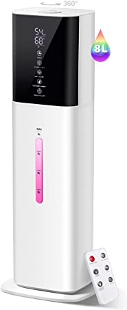 Tower Humidifiers 7 Colors for Large Room Bedroom 500 sq ft,letme 8L 2.1Gal Ultrasonic Topfill Cool Mist Humidifier with 360°Nozzle 3 Speed Humidistat Essential Oil Tray for Baby Adult Home Yoga Plant